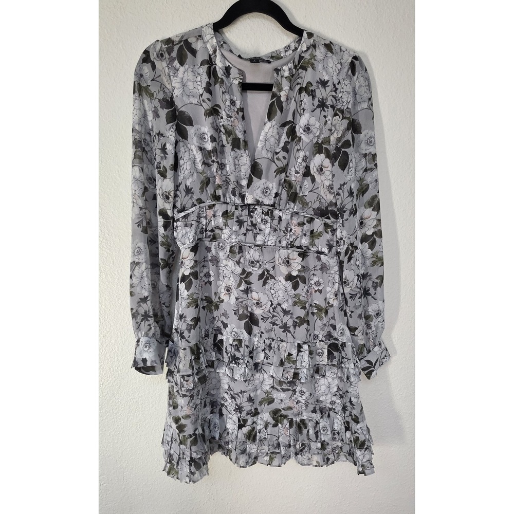 Laundry by Shelli Segal Floral Dress Size 2 Grey Long Sleeve Collared Midi